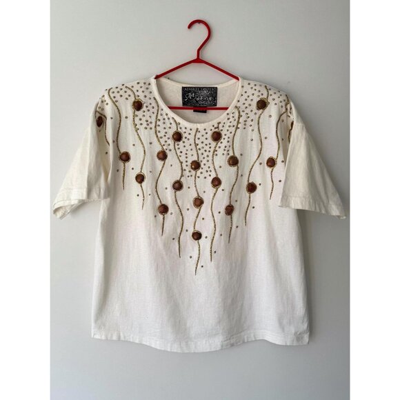 80s white embellished seashell gold funky retro beach vacation cotton tee shirt - Picture 8 of 9